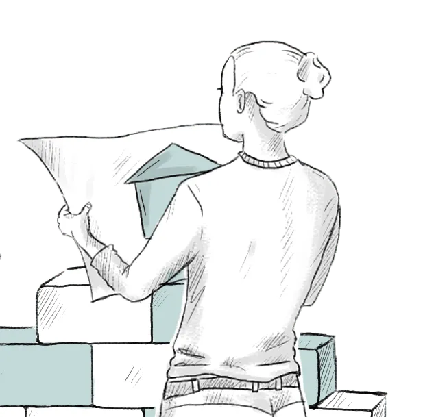 Illustration einer Frau, die den Bau ihres Hauses plant